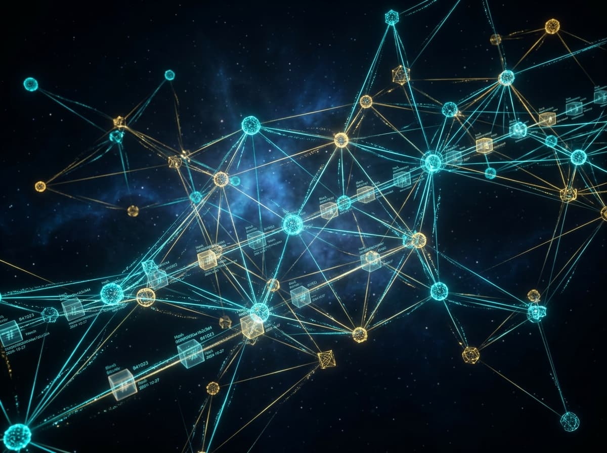 3D visualization of a decentralized blockchain network with glowing teal and gold nodes connected by cryptographic transaction lines