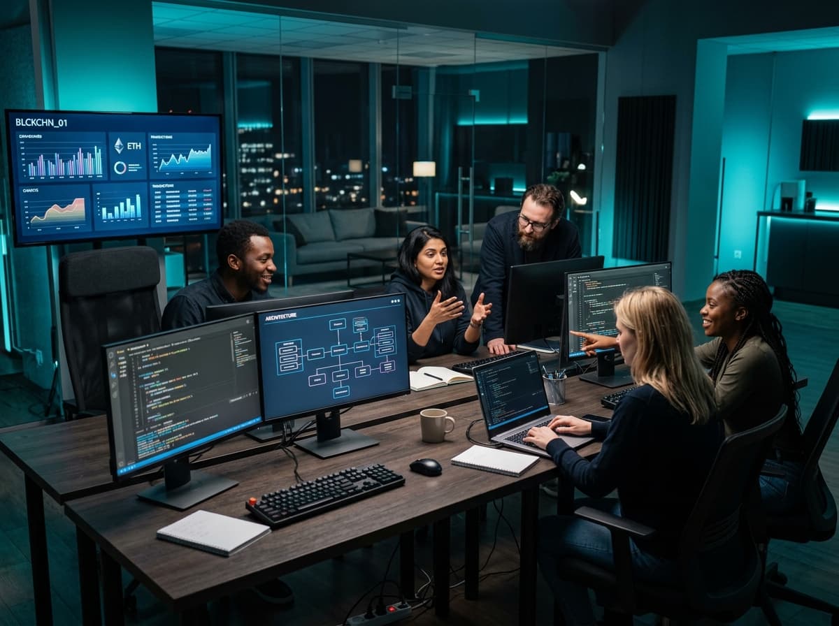 Diverse Hurain Technologies engineering team collaborating on blockchain and fintech platform architecture in a modern tech office